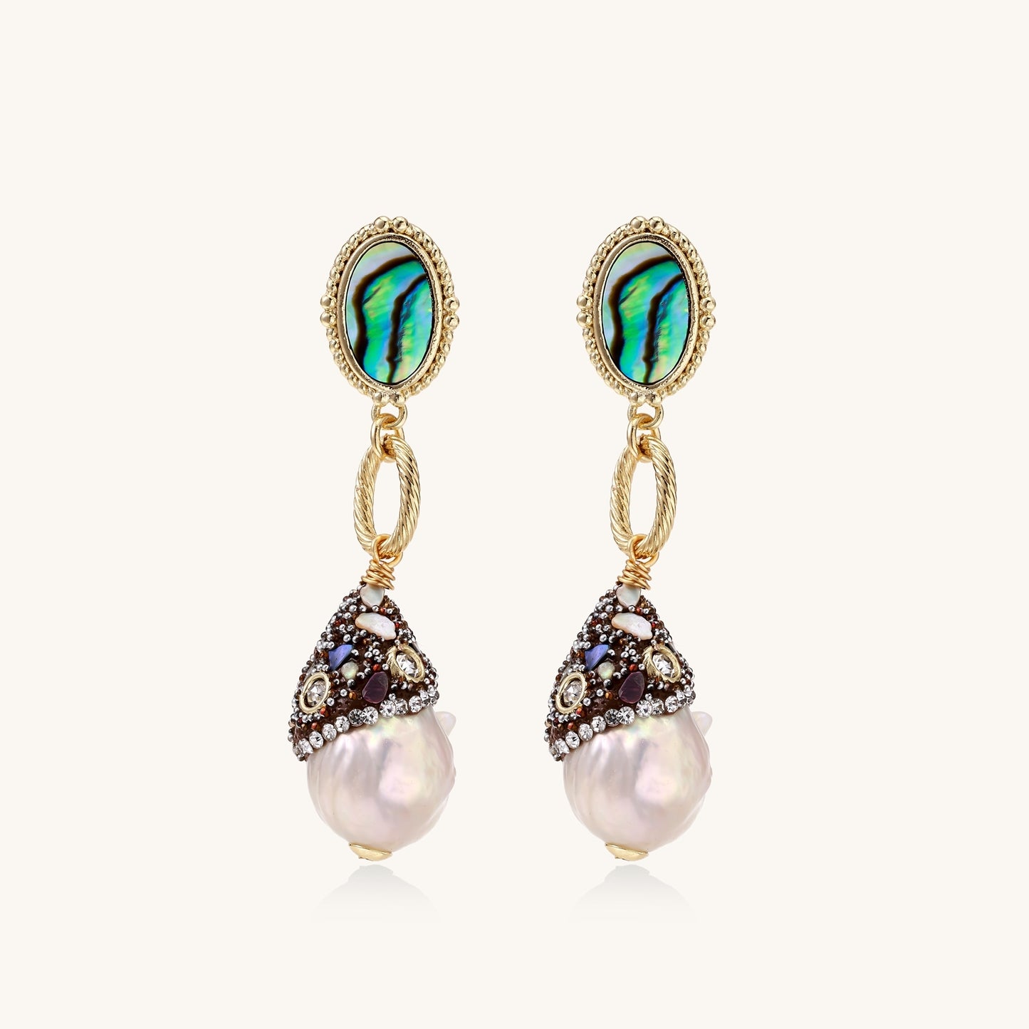 Gold-plated statement earrings with iridescent abalone shells, rope chain links, and crystal-capped baroque pearls