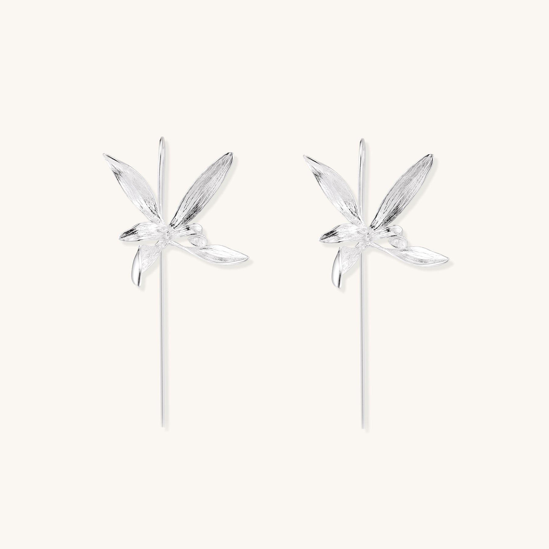 Delicate sterling silver flower earrings with long threader posts and five-petal design on white background.