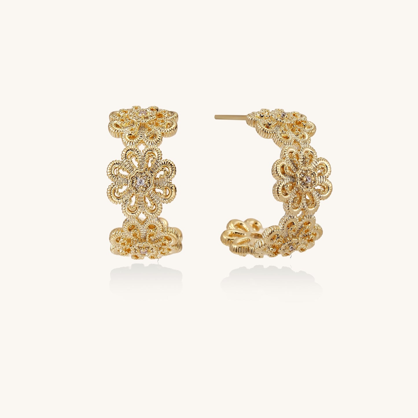 Ornate gold-plated brass hoop earrings featuring delicate floral filigree patterns and intricate rosette details.