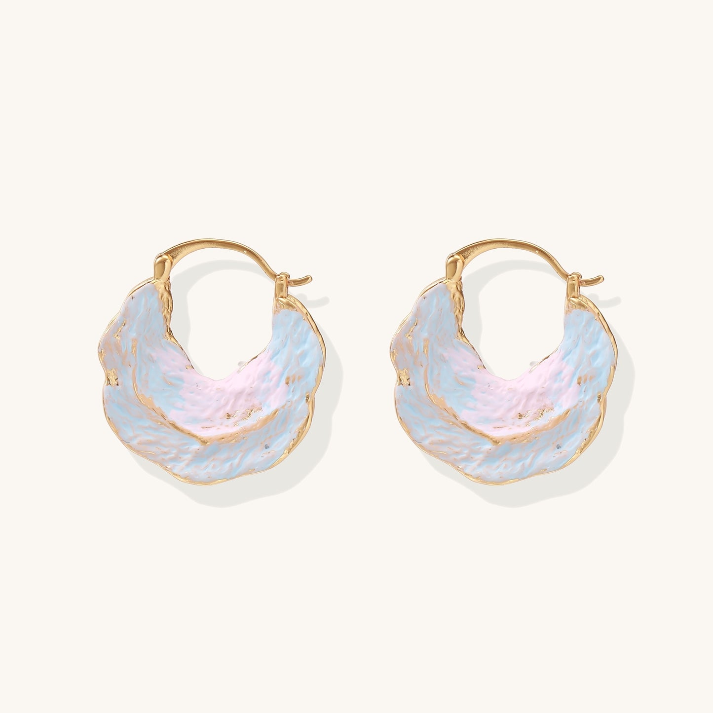 18K gold plated hoop earrings with iridescent enamel coating in blue and pink tones, organic shell-like design