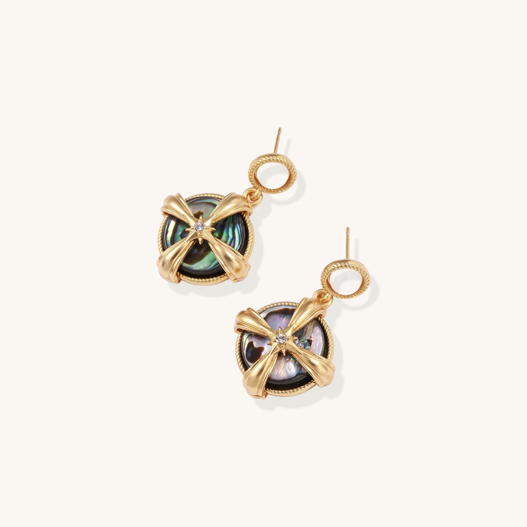 Gold-plated drop earrings with cross design framing iridescent abalone shell and pearl studs on neutral background.