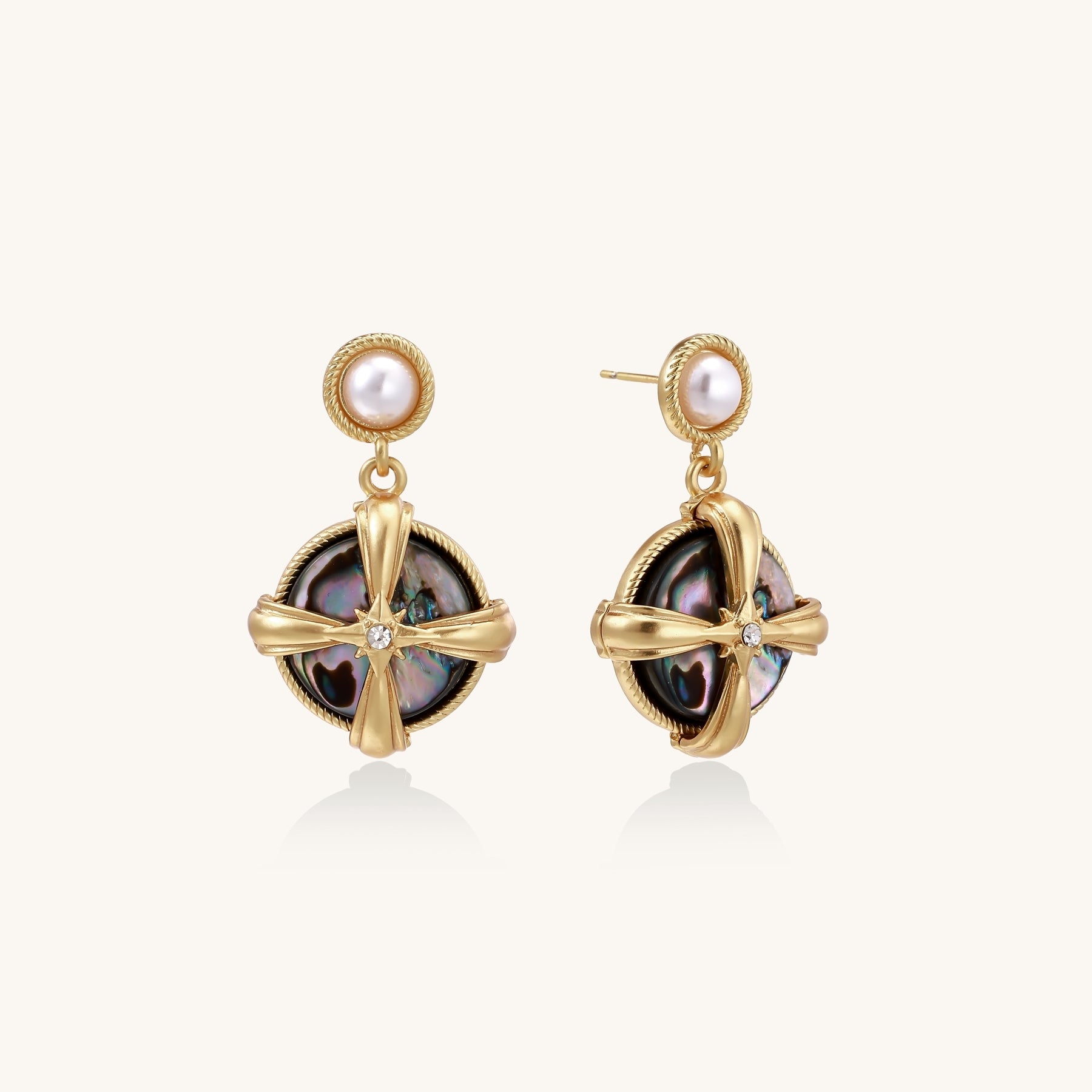 Gold-plated drop earrings with cross design framing iridescent abalone shell and pearl studs on neutral background.