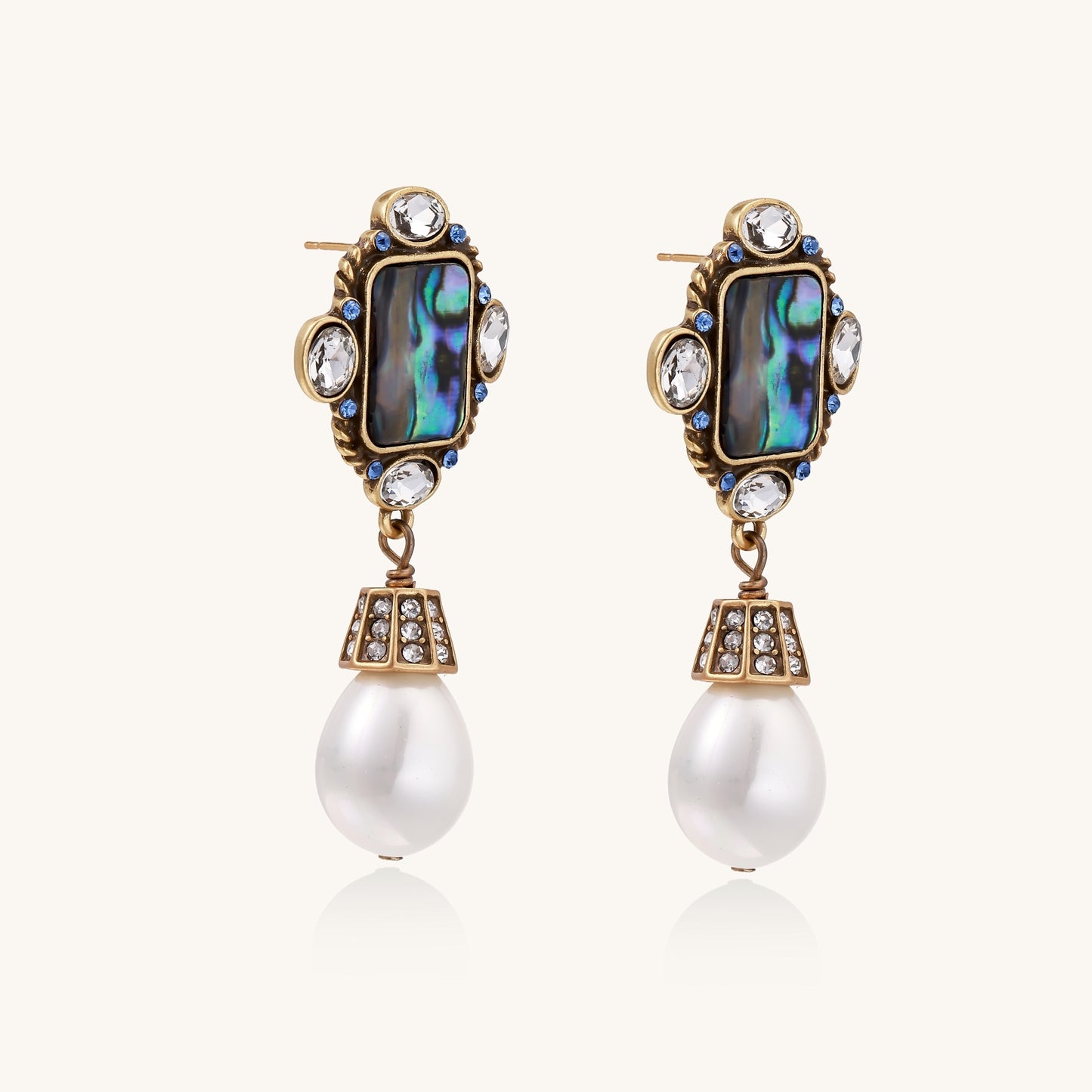 Gold-plated brass drop earrings featuring iridescent abalone shell centers, crystal accents, and white pearl drops.