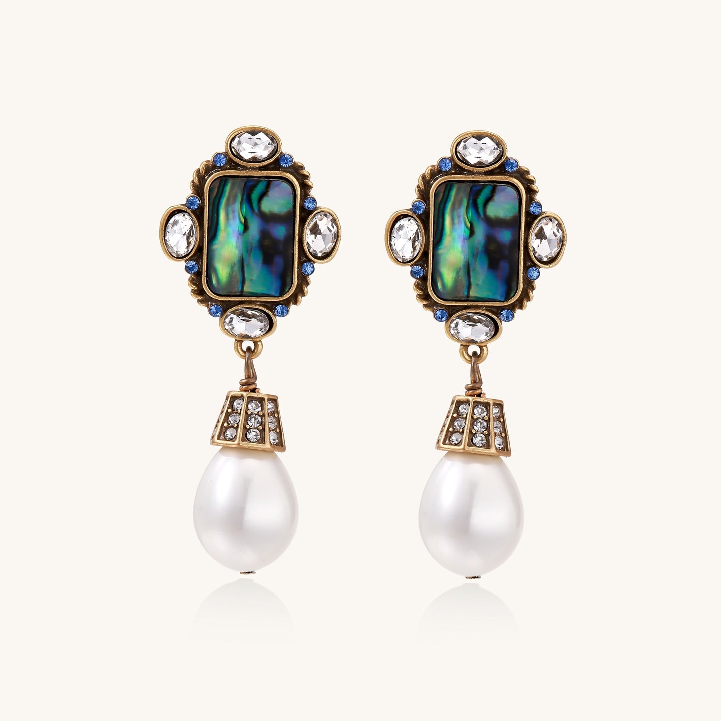 Gold-plated brass drop earrings featuring iridescent abalone shell centers, crystal accents, and white pearl drops.
