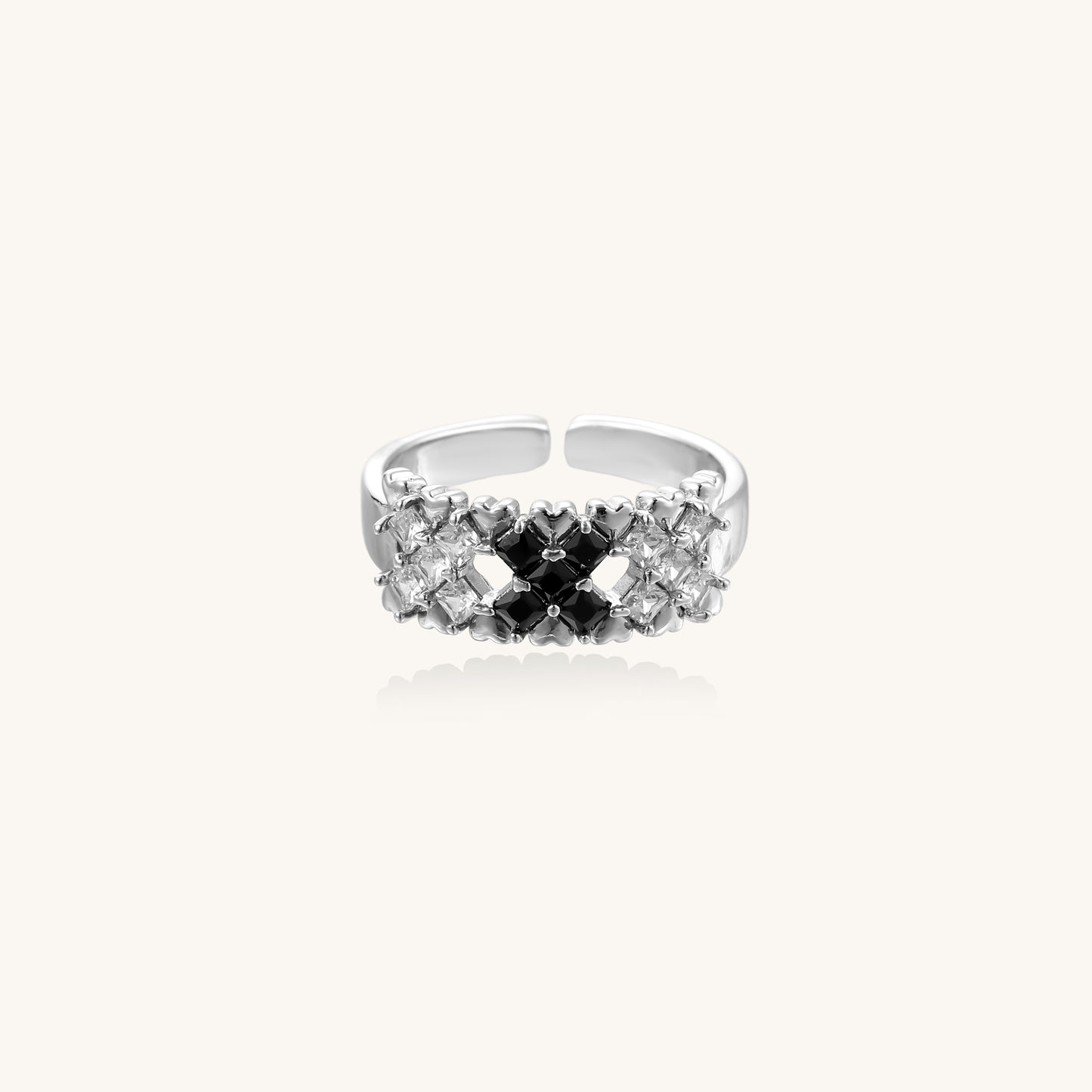 18K gold plated brass adjustable ring featuring geometric square-cut zirconia stones in clear and accent colors