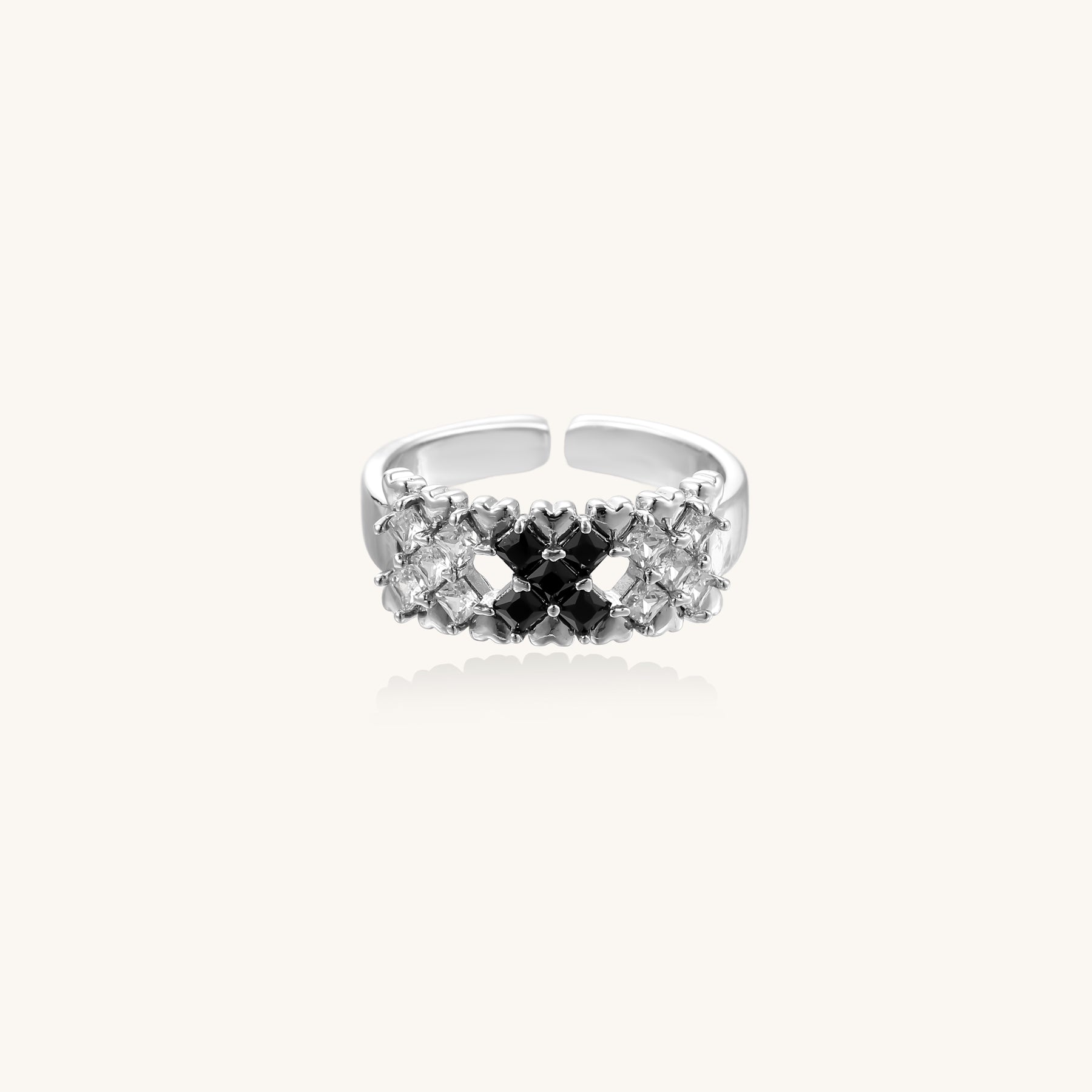 18K gold plated brass adjustable ring featuring geometric square-cut zirconia stones in clear and accent colors