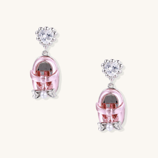 18K gold plated drop earrings with heart-shaped zirconia studs and translucent mini handbag pendants with pearl accents