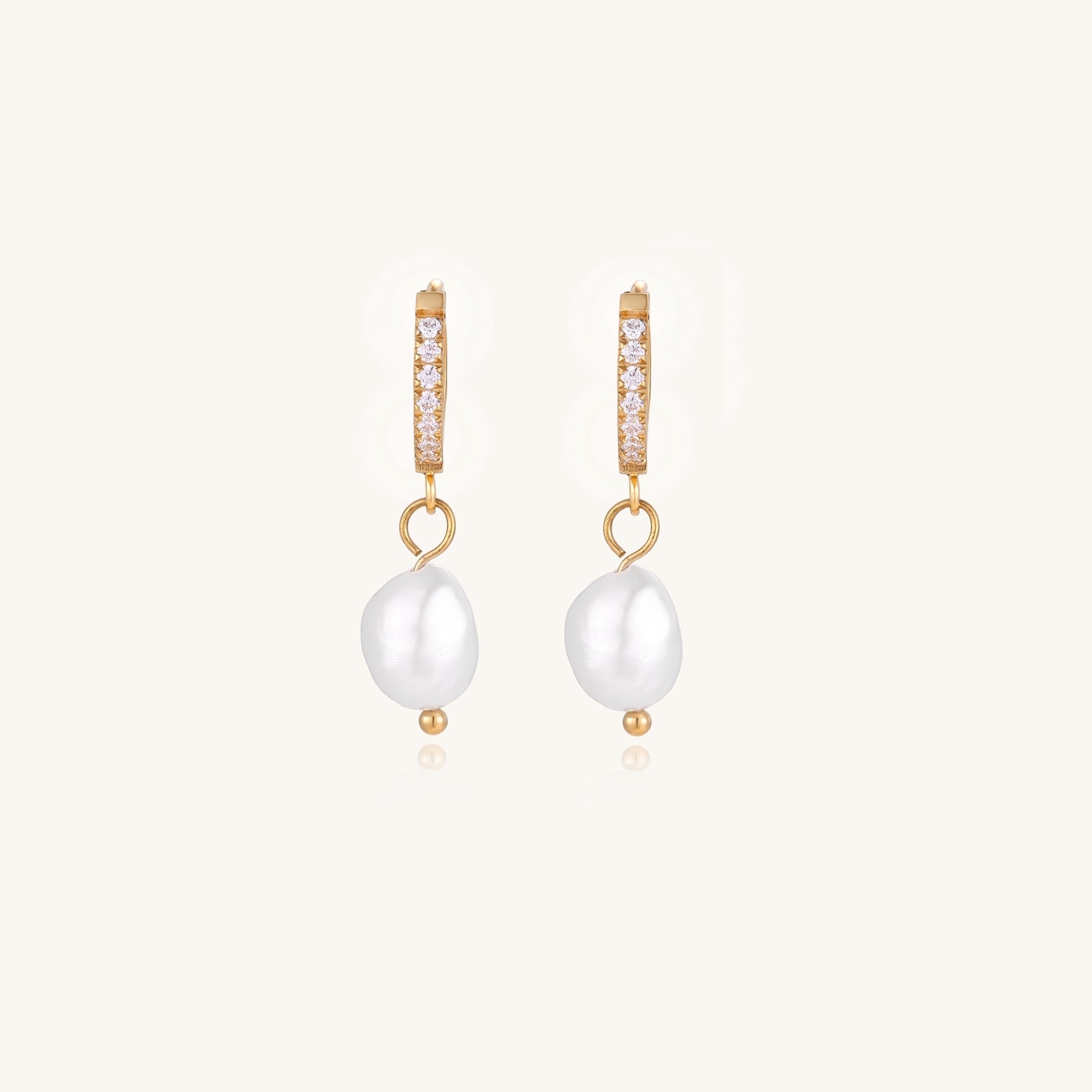 18K gold plated hoop earrings with freshwater pearl drops on neutral background, showing elegant minimalist design.